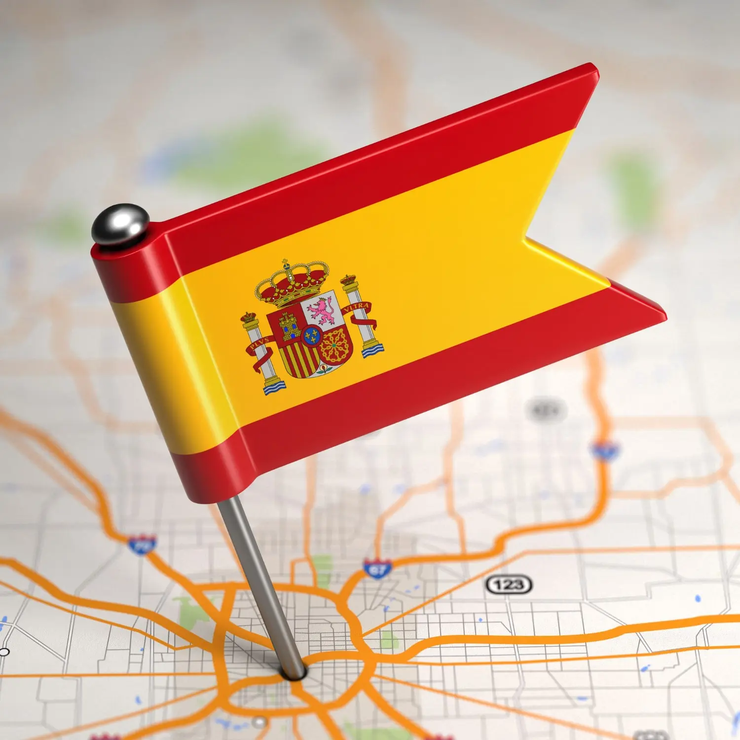 Spain's plastic flag pinned on the map